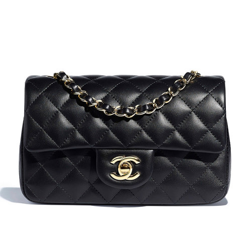 CHANEL/香奈兒 金扣 女士黑色經(jīng)典菱格紋小羊皮翻蓋迷你斜跨單肩包