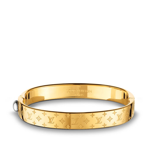 Louis Vuitton/路易威登 22春夏新款NANOGRAM系列 金色鍍金黃銅鏤刻老花圖案搭配品牌鉚釘手鐲M00252