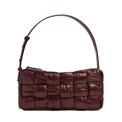 Bottega Veneta/葆蝶家 22新款 女士巴羅洛紫色羔羊皮Intrccio圖案拉鏈開合黃銅飾面單肩包717090V2FY12250