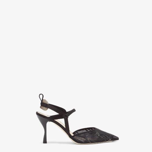  FENDI芬迪 22年春夏 女士 高跟鞋 黑色網(wǎng)眼布和水鉆刺繡高跟露跟鞋 8J8216AGEQF0MQ0