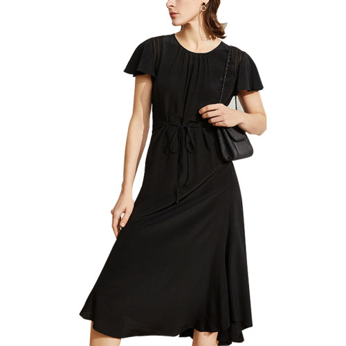 GeleiStory/GeleiStory  春夏新款純色女裝中長裙絲綢短袖真絲連衣裙  女裝＞女士裙裝＞女士連衣裙