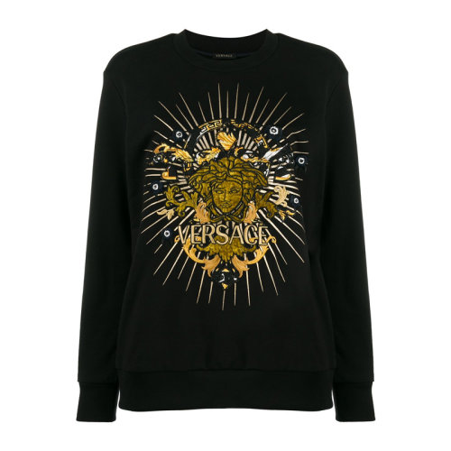 VERSACE/范思哲 女士黑色棉質(zhì)經(jīng)典字母徽標(biāo)美杜莎頭像印花裝飾圓領(lǐng)長袖上衣衛(wèi)衣套頭衫 A83922-A227994-A1008