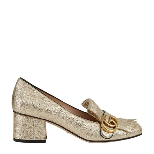 GUCCI/古馳 女士淺牛皮折疊流蘇GG裝飾高跟鞋