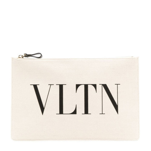 Valentino/華倫天奴 女士米色帆布經(jīng)典字母徽標印花裝飾拉鏈開合手拿包信封包女包 RW2P0269-FWB-EX9