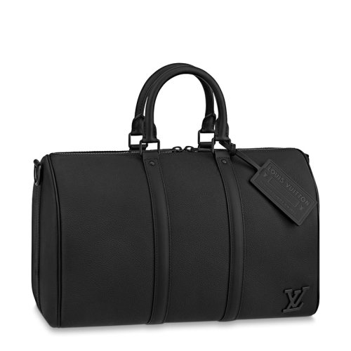 Louis Vuitton/路易威登 22春夏新款KEEPALL 40系列 男士黑色牛皮配可拆卸吊飾徽標(biāo)肩帶單肩斜跨手提旅行包M57088