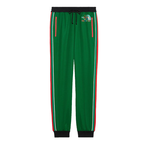 GUCCI/古馳 The North Face x Gucci系列 女士綠色滌綸/棉混紡飾有多色刺繡LOGO圖案腿部飾有紅綠色條紋平紋針織運(yùn)動長褲673967XJDUE3063