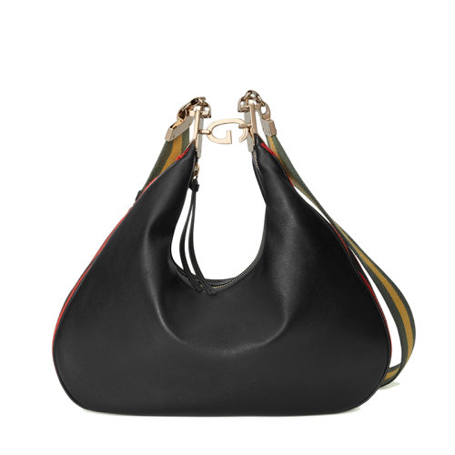 GUCCI/古馳 22新款 男女同款黑色皮革橙色黑色織帶滾邊新月造型G鉤扣大號單肩手提包702823UXWBG1037?