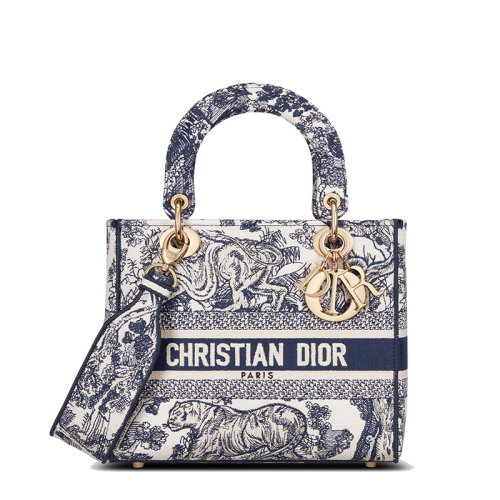 DIOR/迪奧  LADY D-LITE系列 女士中號藍色印花雙面刺繡織物寬肩帶單肩斜挎手提戴妃包M0565OTDT_M808