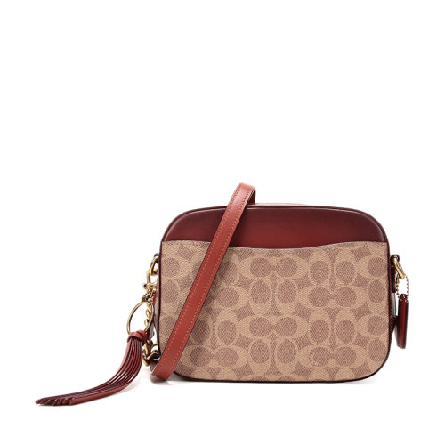 COACH/蔻馳 (專柜) 卡其色老花帆布PVC/配皮經(jīng)典標志相機包單肩女士斜挎包