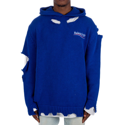 Balenciaga/巴黎世家 男士純色棉質(zhì)經(jīng)典字母徽標(biāo)印花破洞針織落肩連帽長袖上衣衛(wèi)衣連帽衫套頭衫 662718-T3212 多色可選