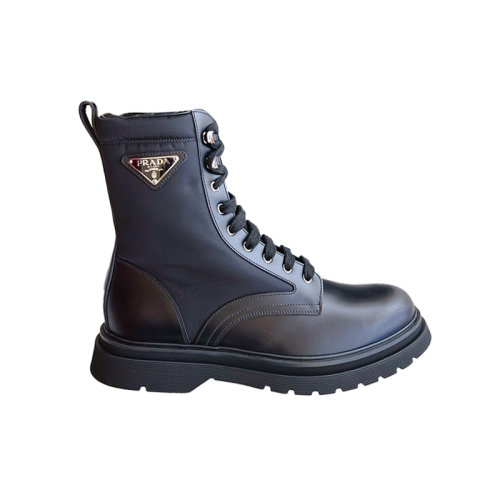 Prada 普拉達(dá)  男士黑色亮面皮拼尼龍馬丁靴