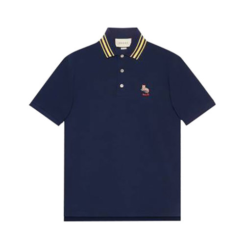 GUCCI/古馳 貓咪刺繡Polo 深藍色舒適百搭男士短袖襯衫636403XJCXW4535  be
