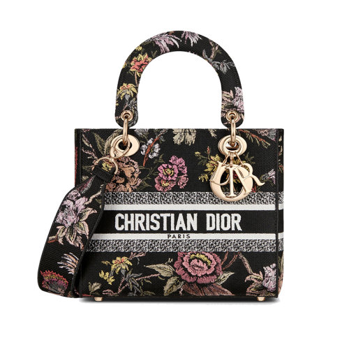 DIOR/迪奧 23新款 LADY D-LITE系列 女士中號(hào)黑色帆布刺繡花卉圖案飾有字母標(biāo)志拆卸寬肩帶斜挎手提托特包M0565ORZB_M911