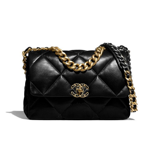 CHANEL/香奈兒 經(jīng)典款19系列 女士大號黑色小羊皮菱格紋金色金屬飾面單肩斜挎包AP445112574116