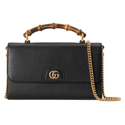 Gucci/古馳 預(yù)售款 22新款 Diana系列 女士黑色皮革金色雙g竹節(jié)手柄鏈?zhǔn)郊鐜痔釂渭缧笨姘?7579417Q0T1000