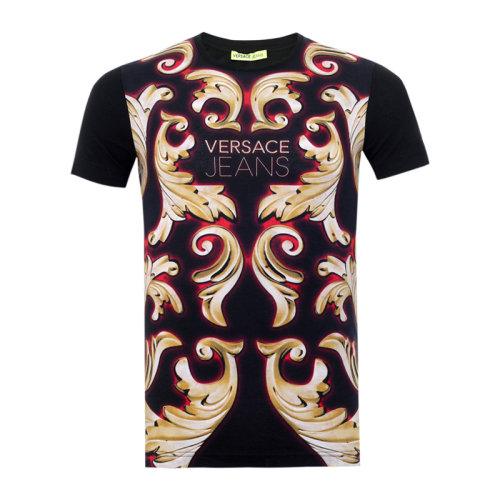 VERSACE JEANS/范思哲牛仔 男士黑色棉質(zhì)經(jīng)典字母徽標(biāo)印花裝飾圓領(lǐng)短袖上衣T恤 B3GNA762-36069-899