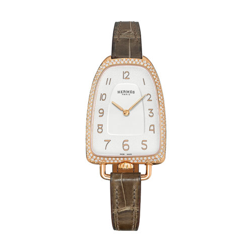 HERMES/愛馬仕      Galop系列 女士石英機芯水晶銀紋表盤玫瑰金表殼和象灰色光滑鱷魚皮表帶腕表48.8x26毫米W047898WW00