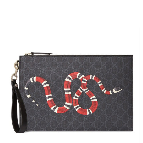 GUCCI/古馳 男士烏木色帆布珊瑚蛇印花可拆卸腕帶拉鏈開(kāi)合錢包手拿包男包 473904-GZN1N-8666