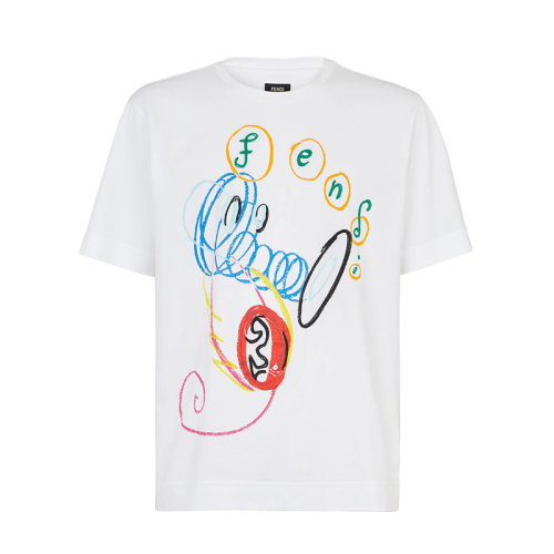 FENDI/芬迪 22年早春新款 男士白色純棉彩色藝術(shù)印花短袖T恤FY0936AH15F0QA0