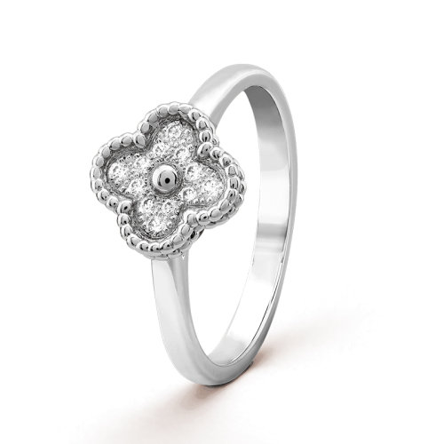Van Cleef & Arpels/梵克雅寶 經(jīng)典SweetAlhambra系列 18K金白金鑲嵌12顆鉆石滿鉆四葉草戒指/指環(huán) VCARO85800