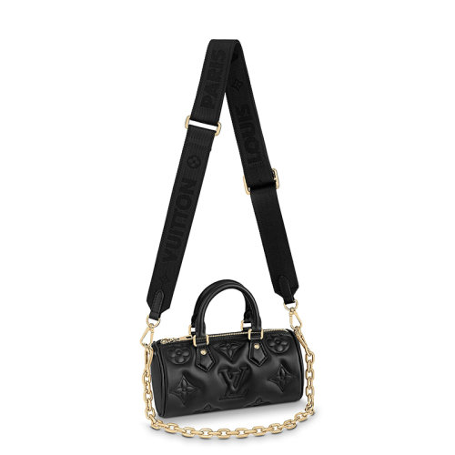Louis Vuitton/路易威登 經典款PAPILLON BB系列 女士黑色徽標壓紋牛皮革配可拆卸鏈條肩帶單肩斜挎手提鏈條包M59800