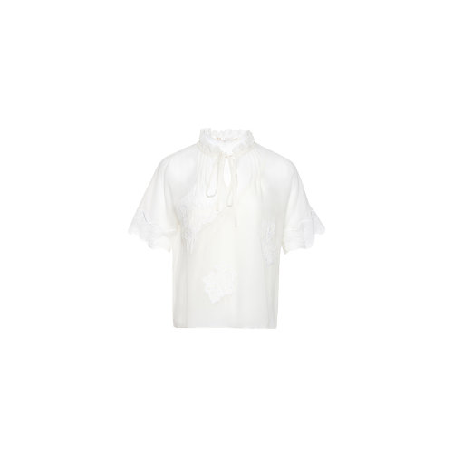 HUI/卉 女士短袖襯衫20秋季新品茶白色兩件套真絲刺繡荷葉領(lǐng)上衣