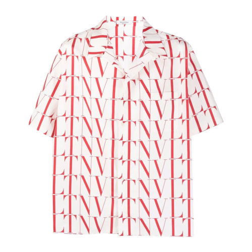 Valentino/華倫天奴 男士拼色棉質(zhì)經(jīng)典字母徽標(biāo)印花裝飾翻領(lǐng)短袖上衣襯衣襯衫 WV3AAA90-6G5-J03