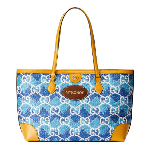 GUCCI/古馳 22新款 女士深淺藍(lán)色拼色稻草效果面料配黃色皮革GG老花Mykonos字樣刺繡手提包托特包631685UYFAG8834