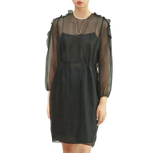 19年秋冬款nisiss/怡夕19春夏柯根紗后背鏤空一?？凼街鄙磉B衣裙女士連衣裙N143SO12