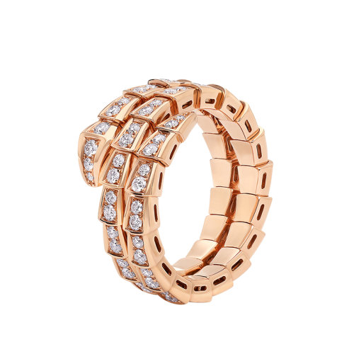 BVLGARI/寶格麗 男女通用SERPENTI VIPER 18K金玫瑰金雙層包裹式戒指鑲有密釘鉆石蛇形毒蛇戒指 357264