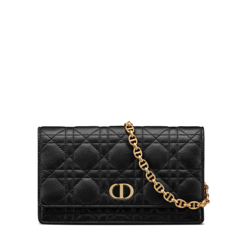 DIOR/迪奧 20  CARO系列 女士黑色藤格紋小牛皮翻蓋CD徽標(biāo)鏈條手拿包S5091UWHC_M900