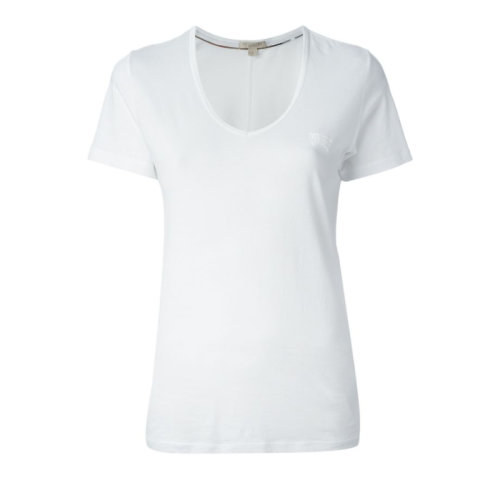 BURBERRY/博柏利 女士白色偏V領(lǐng)短袖T恤 帶白色刺繡戰(zhàn)馬標(biāo) 39684491【奧萊】