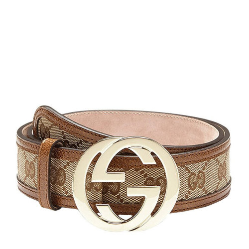 GUCCI/古馳 男女同款 中性棕色金色雙G壓花帆布配皮板扣式腰帶皮帶 114876-KH1BG-9783