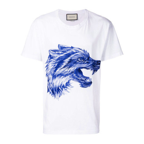 GUCCI/古馳 男士 服裝 白色純棉狼頭印花后肩字母logo時(shí)尚個(gè)性短袖T恤 男士短袖T恤