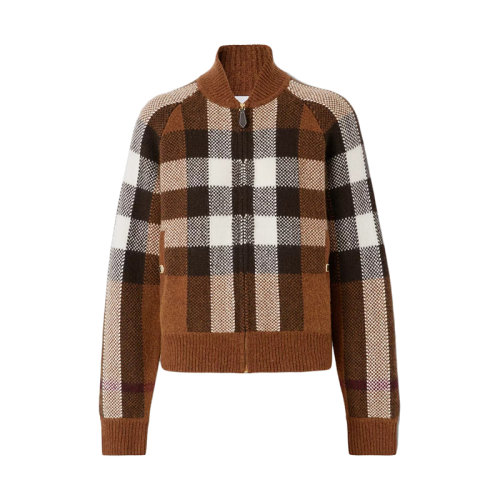 BURBERRY/博柏利 22年早春新款 女士深樺木棕色格紋嵌花羊絨混紡飛行夾克80484451