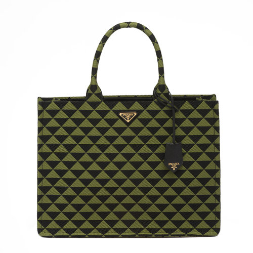 PRADA/普拉達(dá) 22新款Symbole系列 男士黑色/常春藤綠三角雙色拼接效果織物配皮徽標(biāo)金扣飾可拆卸吊飾刺繡提花托特包2VG099_2FKL_F0G5R_V_OOO
