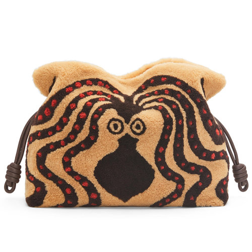 LOEWE/羅意威 23春夏新款 女士大號米色/巧克力色羊毛皮拉繩收緊磁扣開合章魚圖案單肩斜挎手拿包A411FL1X03-2607