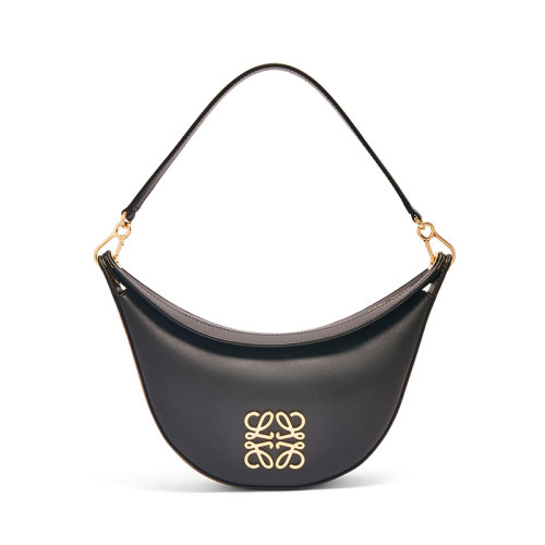 LOEWE/羅意威 23新款 Luna系列 女士小號(hào)黑色/棕色拼接緞面小牛皮金色標(biāo)志半月形流浪單肩包A923PM1X10-9006