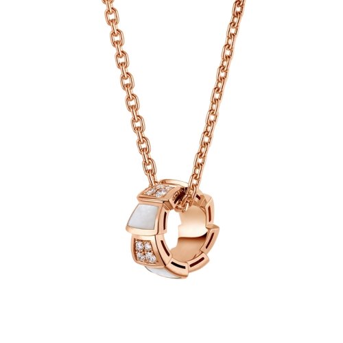 BVLGARI/寶格麗 Serpenti系列 經(jīng)典款白貝母18K金玫瑰金帶鉆 蛇形項(xiàng)鏈 357095 白貝母