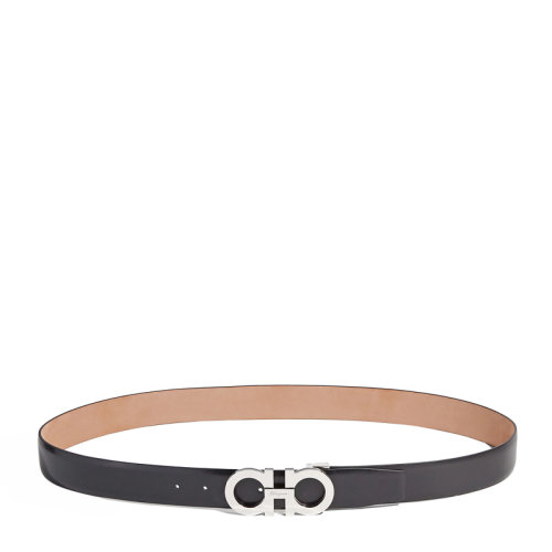 Salvatore Ferragamo/菲拉格慕 男士黑色閃亮鈀金色經(jīng)典金屬Gancini扣飾可調(diào)節(jié)腰帶皮帶 67-9880-688759（S級(jí)99新未使用）