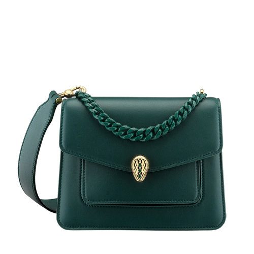 BVLGARI/寶格麗 SERPENTI FOREVER系列 女士小號綠色納帕羊皮黃銅蛇首搭扣翻蓋斜挎單肩鏈條包290983