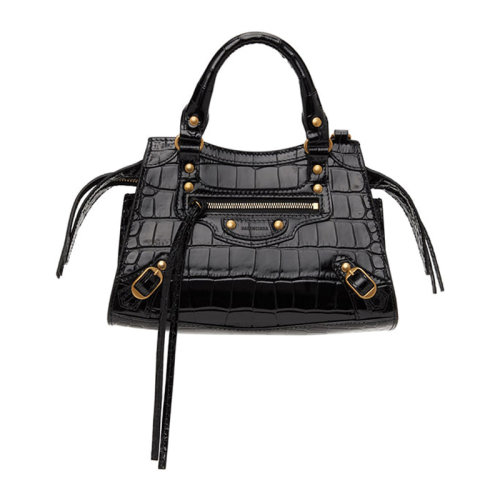 Balenciaga/巴黎世家 女士黑色皮革機(jī)車金屬風(fēng)手提包女包 638524-1ROD1-1000