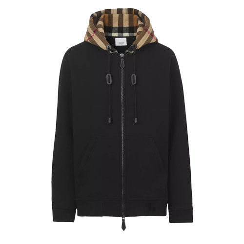BURBERRY/博柏利 22年早春新款 男士黑色棉質(zhì)混紡拉鏈格紋連帽衫80480261