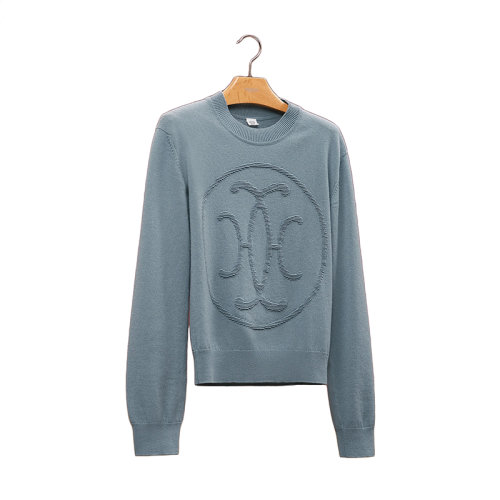 HERMES/愛(ài)馬仕 22年秋冬新款 女士藍(lán)色純羊絨H Lift圖案長(zhǎng)袖針織衫毛衣H2H2631D16U36