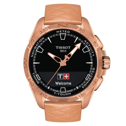 TISSOT/天梭 騰智無界系列 男士黑色表盤太陽能觸控石英機芯防磁鈦金屬表殼玫瑰金色皮革表帶腕表47毫米T121.420.46.051.00