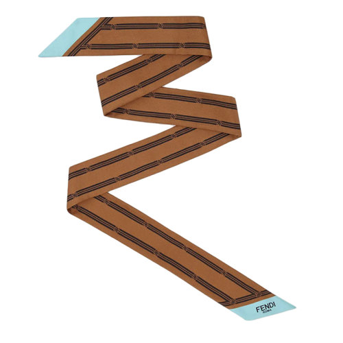 FENDI/芬迪 女士棕色真絲條紋和FF Karligraphy圖案絲巾發(fā)帶FXT011AHRMF1ENR