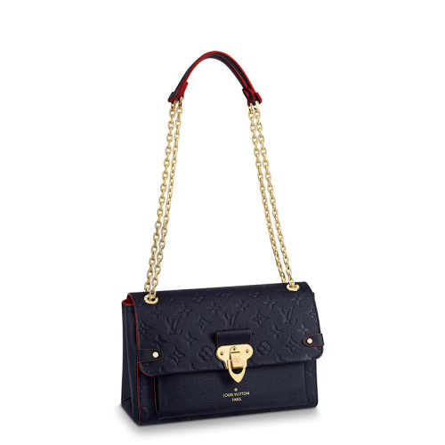 Louis Vuitton/路易威登 22春夏新款Vavin系列 女士小號海軍藍(lán)老花壓花牛皮革紅色細(xì)節(jié)飾邊金扣金鏈翻蓋開合單肩斜挎鏈條包M52271