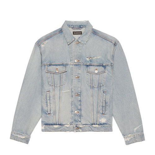 Balenciaga/巴黎世家 男士淺藍色棉質有機復古牛仔布撕裂設計大版型上衣外套夾克 664329-TBP48-8961