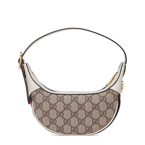 GUCCI/古馳 22春夏新款Ophidia系列 女士迷你米色/烏木色老花帆布白色皮革滾邊半月形單肩腋下包?65855196IWG9794