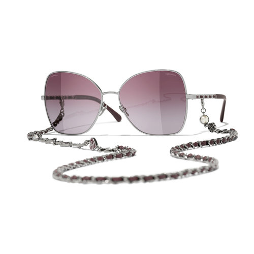 Chanel/香奈兒 22年春夏新款 女士漸變酒紅色鏡片暗銀色/酒紅色金屬與小牛皮鏡框飾鏈條蝴蝶形太陽眼鏡墨鏡A71446X27388L1811